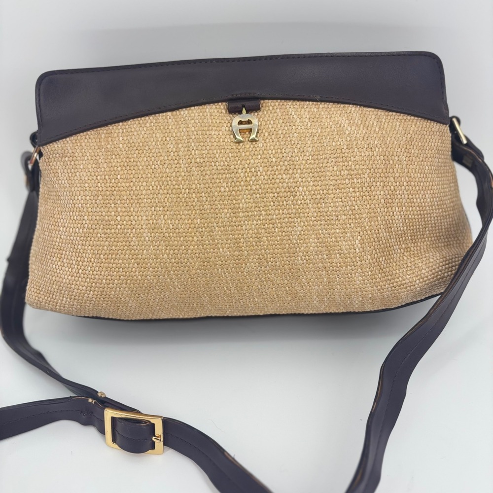Etienne aigner leather straw woven crossbody classic minimalist coastal grandma